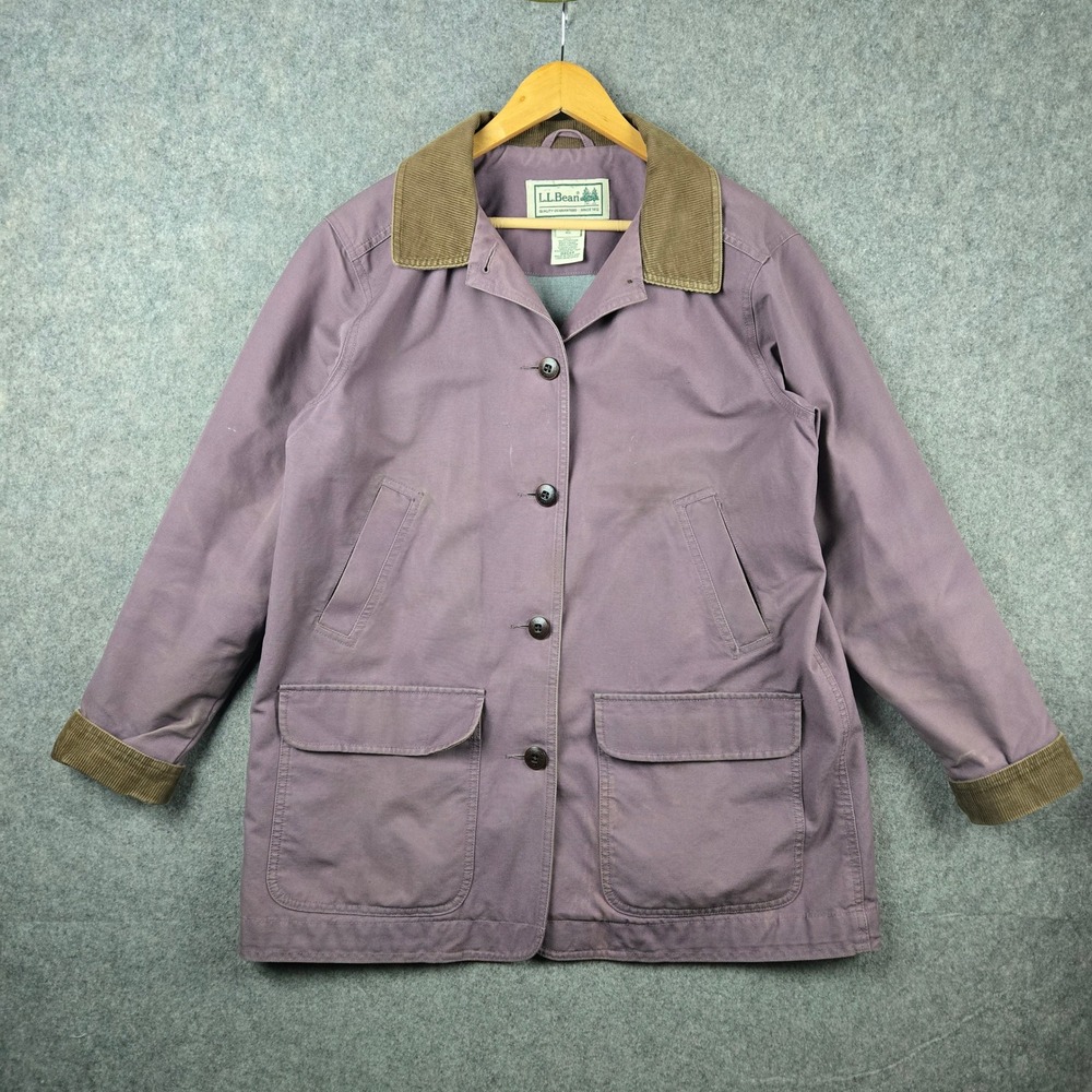 LL Bean Barn Coat Womens L Purple Canvas Field Jacket Corduroy Collar Hunting